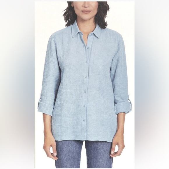 Anne Klein Dusty Blue Gauze Roll Tab Sleeve Button Front Shirt Size LARGE - Picture 1 of 10